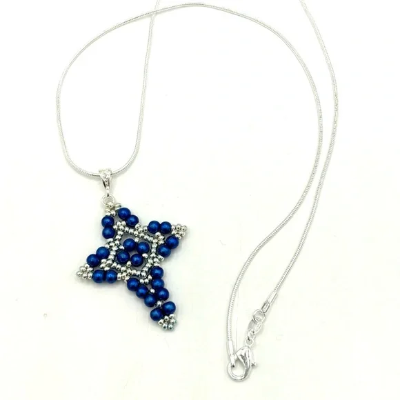Hand Crafted Blue Pearl Cross Pendant Necklace - Picture 1 of 8
